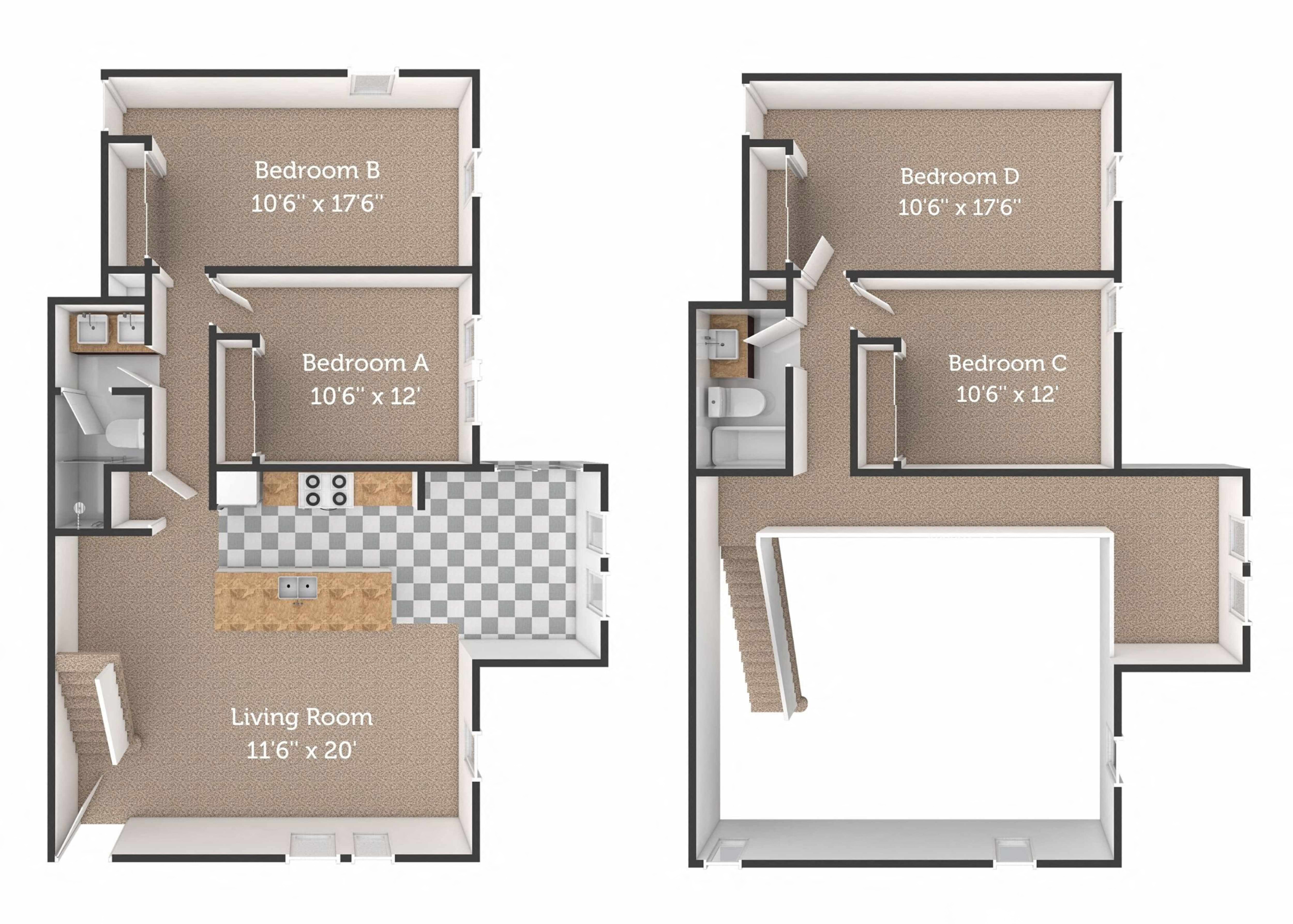 Floor plan for 4 beds, 2 baths, 1752 sqft